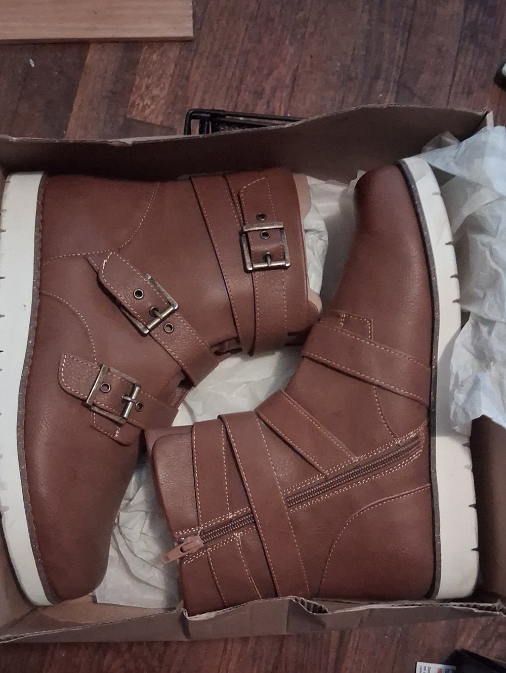 boc Tan Leather Buckle Strap Zip Boots with White Sole